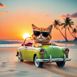 A cute orange cat wearing stylish black eyeglasses, joyfully driving a colorful vintage convertible car along a scenic beach at sunset