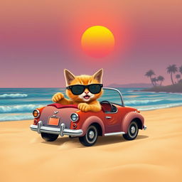 A cute orange cat wearing stylish black eyeglasses, joyfully driving a colorful vintage convertible car along a scenic beach at sunset