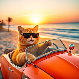 A cute orange cat wearing stylish black eyeglasses, joyfully driving a colorful vintage convertible car along a scenic beach at sunset