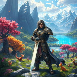 An epic fantasy scene depicting a powerful protagonist, a skilled warrior with magical abilities, standing in a vibrant, lush landscape of a fantastical world filled with enchanting trees and mystical creatures