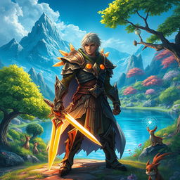 An epic fantasy scene depicting a powerful protagonist, a skilled warrior with magical abilities, standing in a vibrant, lush landscape of a fantastical world filled with enchanting trees and mystical creatures