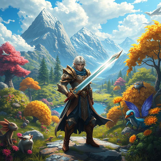 An epic fantasy scene depicting a powerful protagonist, a skilled warrior with magical abilities, standing in a vibrant, lush landscape of a fantastical world filled with enchanting trees and mystical creatures