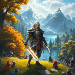 An epic fantasy scene depicting a powerful protagonist, a skilled warrior with magical abilities, standing in a vibrant, lush landscape of a fantastical world filled with enchanting trees and mystical creatures