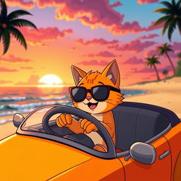 A cute orange cat wearing black eyeglasses, happily driving a colorful car on a beach during sunset