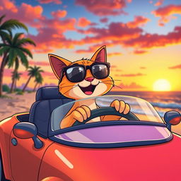 A cute orange cat wearing black eyeglasses, happily driving a colorful car on a beach during sunset