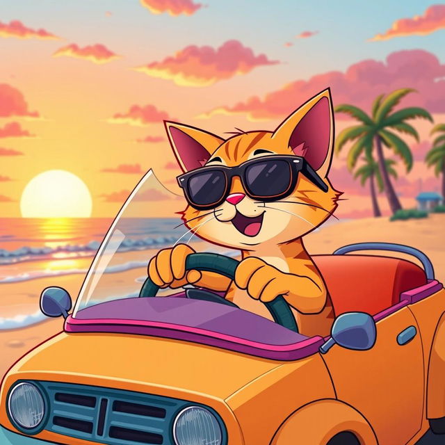 A cute orange cat wearing black eyeglasses, happily driving a colorful car on a beach during sunset