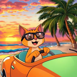 A cute orange cat wearing black eyeglasses, happily driving a colorful car on a beach during sunset