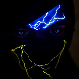 A close-up portrait of a person wearing a stylish mask, featuring a striking bijli (lightning) effect around their eyes