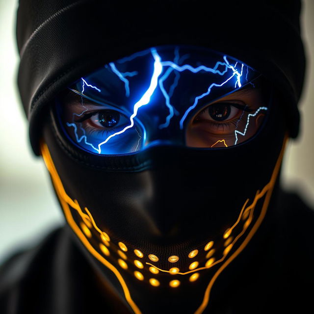 A close-up portrait of a person wearing a stylish mask, featuring a striking bijli (lightning) effect around their eyes