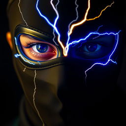 A close-up portrait of a person wearing a stylish mask, featuring a striking bijli (lightning) effect around their eyes