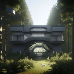 entrance of futuristic maximum-security penitentiary in the middle of forest in broad daylight based on https://files.dreamhome.software/files/static/36926