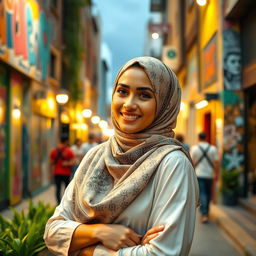 A beautiful woman wearing a hijab, standing gracefully in a vibrant urban environment filled with colorful street art and lively architecture