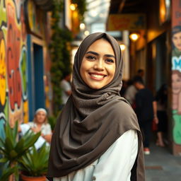 A beautiful woman wearing a hijab, standing gracefully in a vibrant urban environment filled with colorful street art and lively architecture