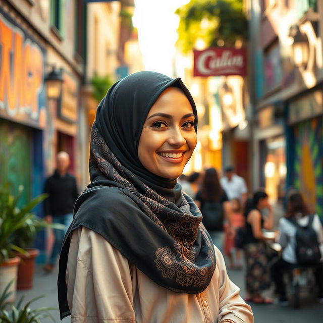 A beautiful woman wearing a hijab, standing gracefully in a vibrant urban environment filled with colorful street art and lively architecture