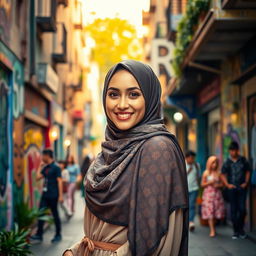 A beautiful woman wearing a hijab, standing gracefully in a vibrant urban environment filled with colorful street art and lively architecture