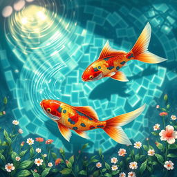 A vivid and enchanting illustration of two fish swimming together in a tranquil pond filled with beautifully arranged, shimmering ceramic tiles