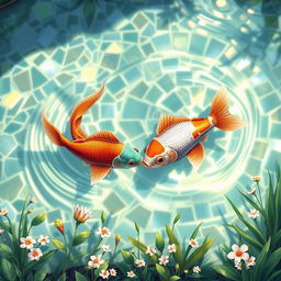 A vivid and enchanting illustration of two fish swimming together in a tranquil pond filled with beautifully arranged, shimmering ceramic tiles
