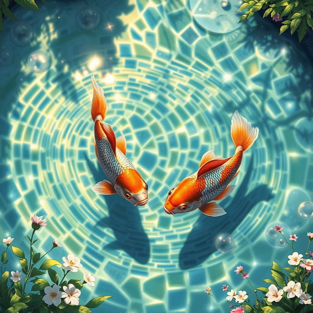 A vivid and enchanting illustration of two fish swimming together in a tranquil pond filled with beautifully arranged, shimmering ceramic tiles