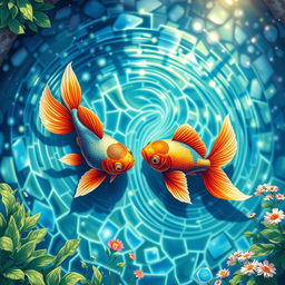 A vivid and enchanting illustration of two fish swimming together in a tranquil pond filled with beautifully arranged, shimmering ceramic tiles