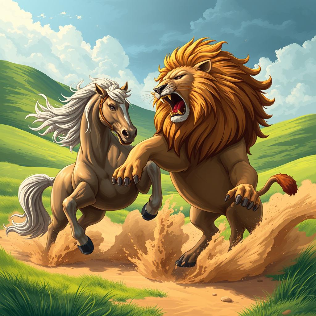 A vibrant and dynamic illustration capturing the legendary moment of Rostam's horse, Rakhsh, engaging in a fierce battle with a majestic lion