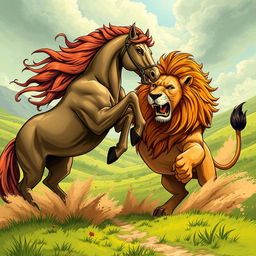 A vibrant and dynamic illustration capturing the legendary moment of Rostam's horse, Rakhsh, engaging in a fierce battle with a majestic lion