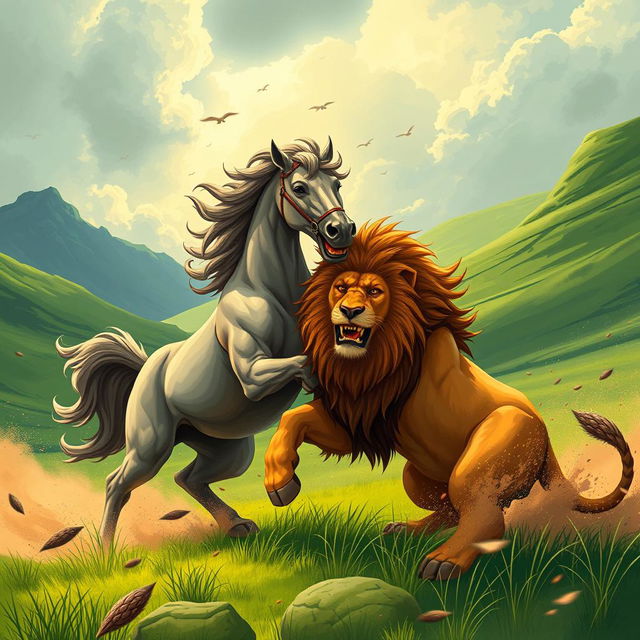A vibrant and dynamic illustration capturing the legendary moment of Rostam's horse, Rakhsh, engaging in a fierce battle with a majestic lion