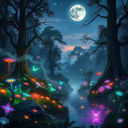 A mystical scene featuring a mystical forest filled with vibrant, bioluminescent plants and towering ancient trees