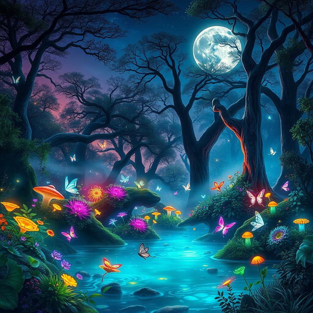 A mystical scene featuring a mystical forest filled with vibrant, bioluminescent plants and towering ancient trees