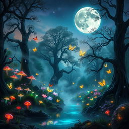 A mystical scene featuring a mystical forest filled with vibrant, bioluminescent plants and towering ancient trees