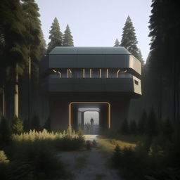 entrance of futuristic maximum-security penitentiary in the middle of forest in broad daylight based on https://files.dreamhome.software/files/static/36926