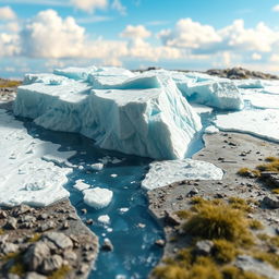 A model depicting retreating ice sheets on Earth's surface, showcasing large ice formations slowly melting and receding