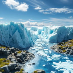 A model depicting retreating ice sheets on Earth's surface, showcasing large ice formations slowly melting and receding