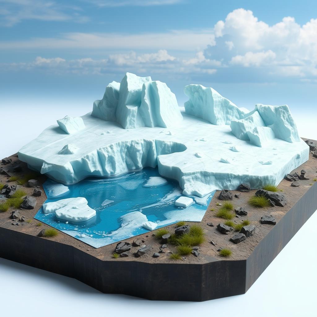 A model depicting retreating ice sheets on Earth's surface, showcasing large ice formations slowly melting and receding