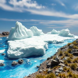 A model depicting retreating ice sheets on Earth's surface, showcasing large ice formations slowly melting and receding