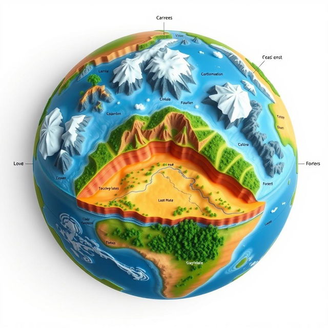 A detailed top-down view illustration of earth's surface depicting layers of the earth's crust with various surface features such as mountains, valleys, rivers, and forests