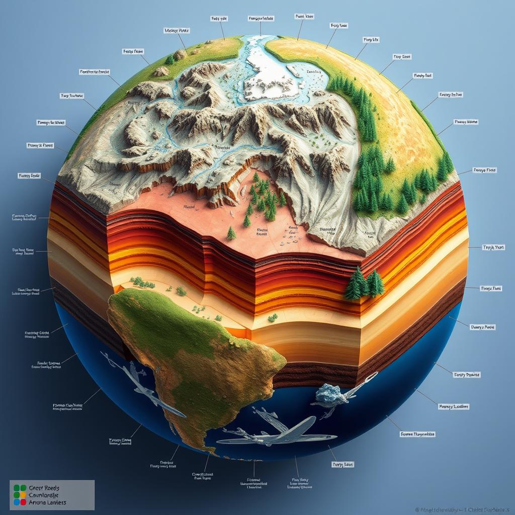 A detailed top-down view illustration of earth's surface depicting layers of the earth's crust with various surface features such as mountains, valleys, rivers, and forests