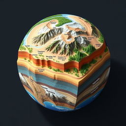 A detailed top-down view illustration of earth's surface depicting layers of the earth's crust with various surface features such as mountains, valleys, rivers, and forests