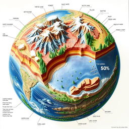 A detailed top-down view illustration of earth's surface depicting layers of the earth's crust with various surface features such as mountains, valleys, rivers, and forests