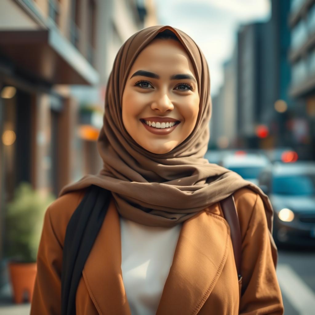 A stylish and elegant woman in a hijab, radiating confidence and grace