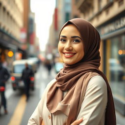 A stylish and elegant woman in a hijab, radiating confidence and grace
