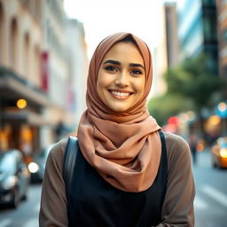 A stylish and elegant woman in a hijab, radiating confidence and grace