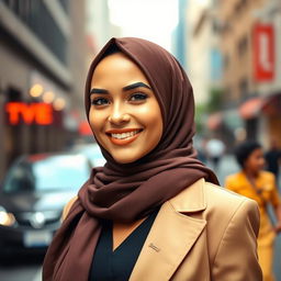 A stylish and elegant woman in a hijab, radiating confidence and grace