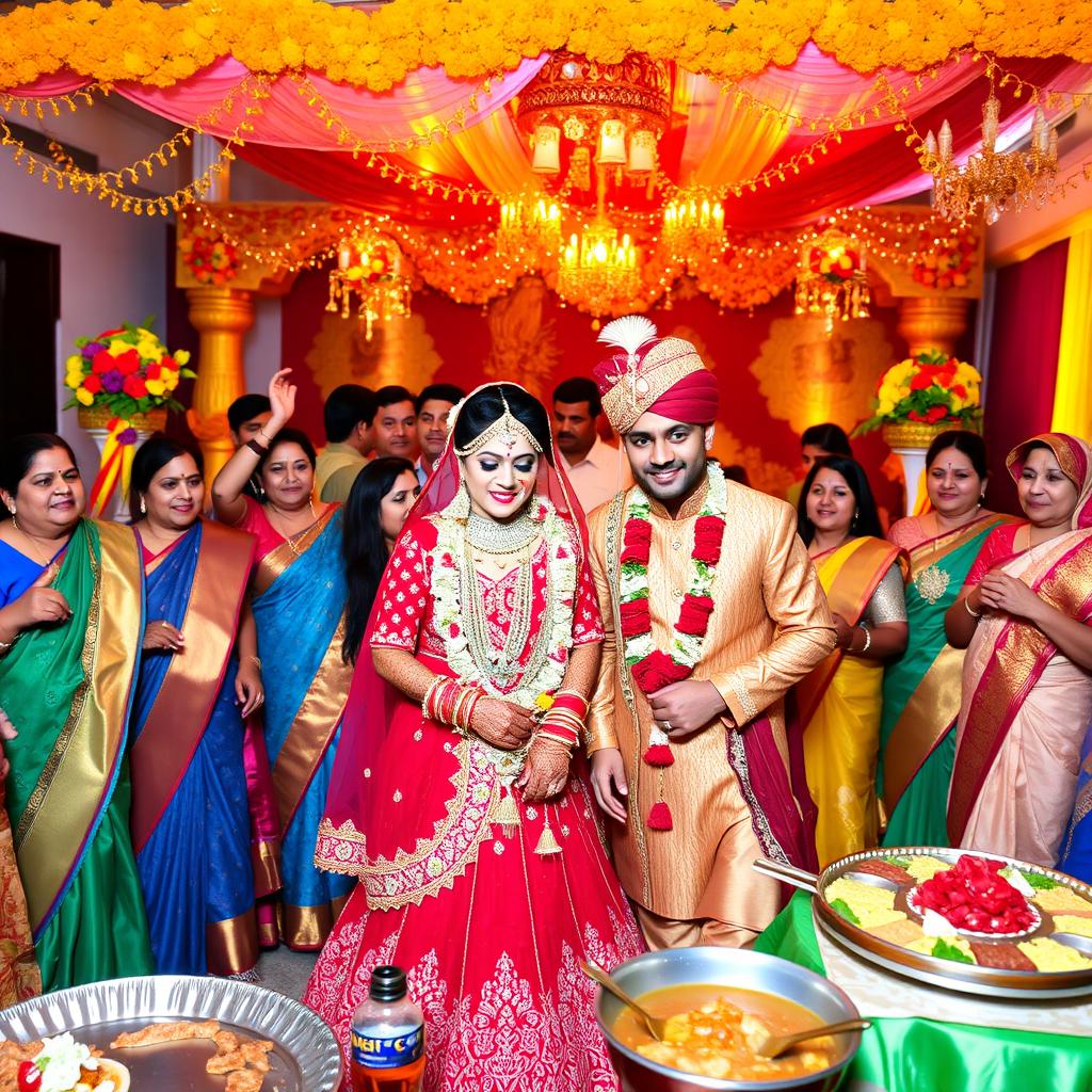 A vibrant Indian wedding scene, featuring rich traditional attire with a bride in a stunning red and gold lehenga adorned with intricate embroidery and jewelry, and a groom in a matching sherwani