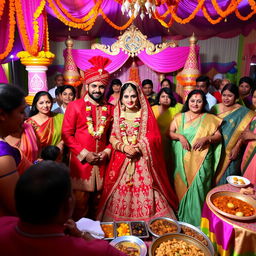 A vibrant Indian wedding scene, featuring rich traditional attire with a bride in a stunning red and gold lehenga adorned with intricate embroidery and jewelry, and a groom in a matching sherwani