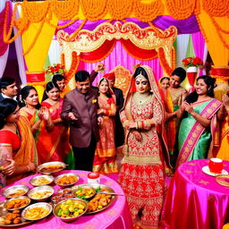 A vibrant Indian wedding scene, featuring rich traditional attire with a bride in a stunning red and gold lehenga adorned with intricate embroidery and jewelry, and a groom in a matching sherwani