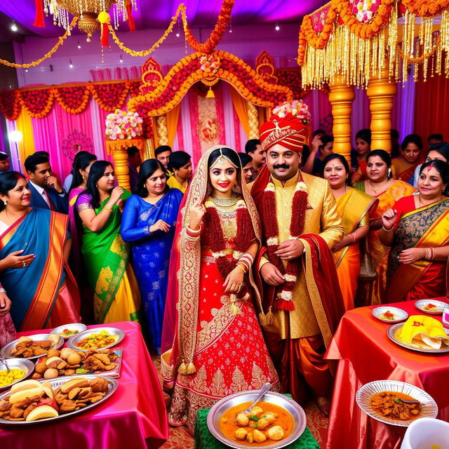 A vibrant Indian wedding scene, featuring rich traditional attire with a bride in a stunning red and gold lehenga adorned with intricate embroidery and jewelry, and a groom in a matching sherwani