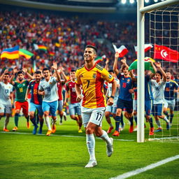 A vibrant and dynamic scene featuring Cristiano Ronaldo and a diverse group of footballers from around the world, all in their national team jerseys, celebrating a goal on the pitch