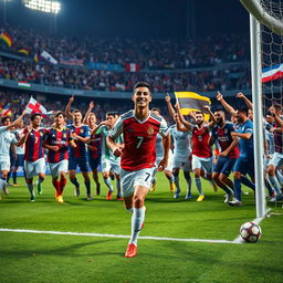 A vibrant and dynamic scene featuring Cristiano Ronaldo and a diverse group of footballers from around the world, all in their national team jerseys, celebrating a goal on the pitch