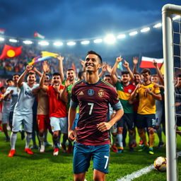 A vibrant and dynamic scene featuring Cristiano Ronaldo and a diverse group of footballers from around the world, all in their national team jerseys, celebrating a goal on the pitch