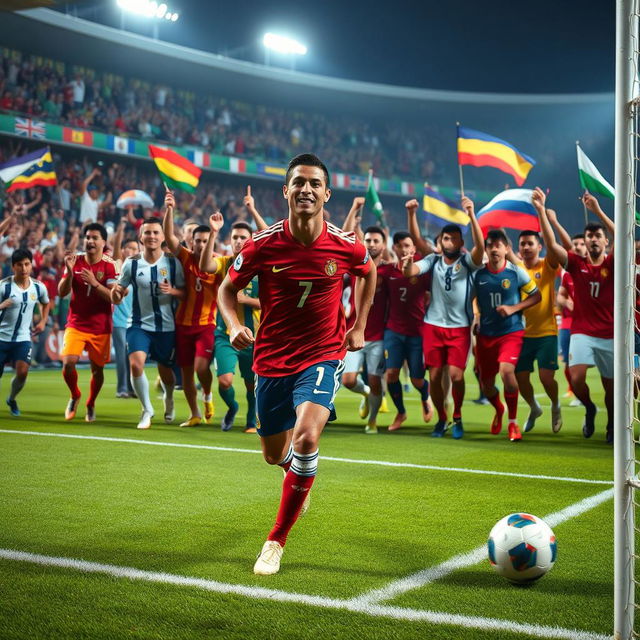 A vibrant and dynamic scene featuring Cristiano Ronaldo and a diverse group of footballers from around the world, all in their national team jerseys, celebrating a goal on the pitch